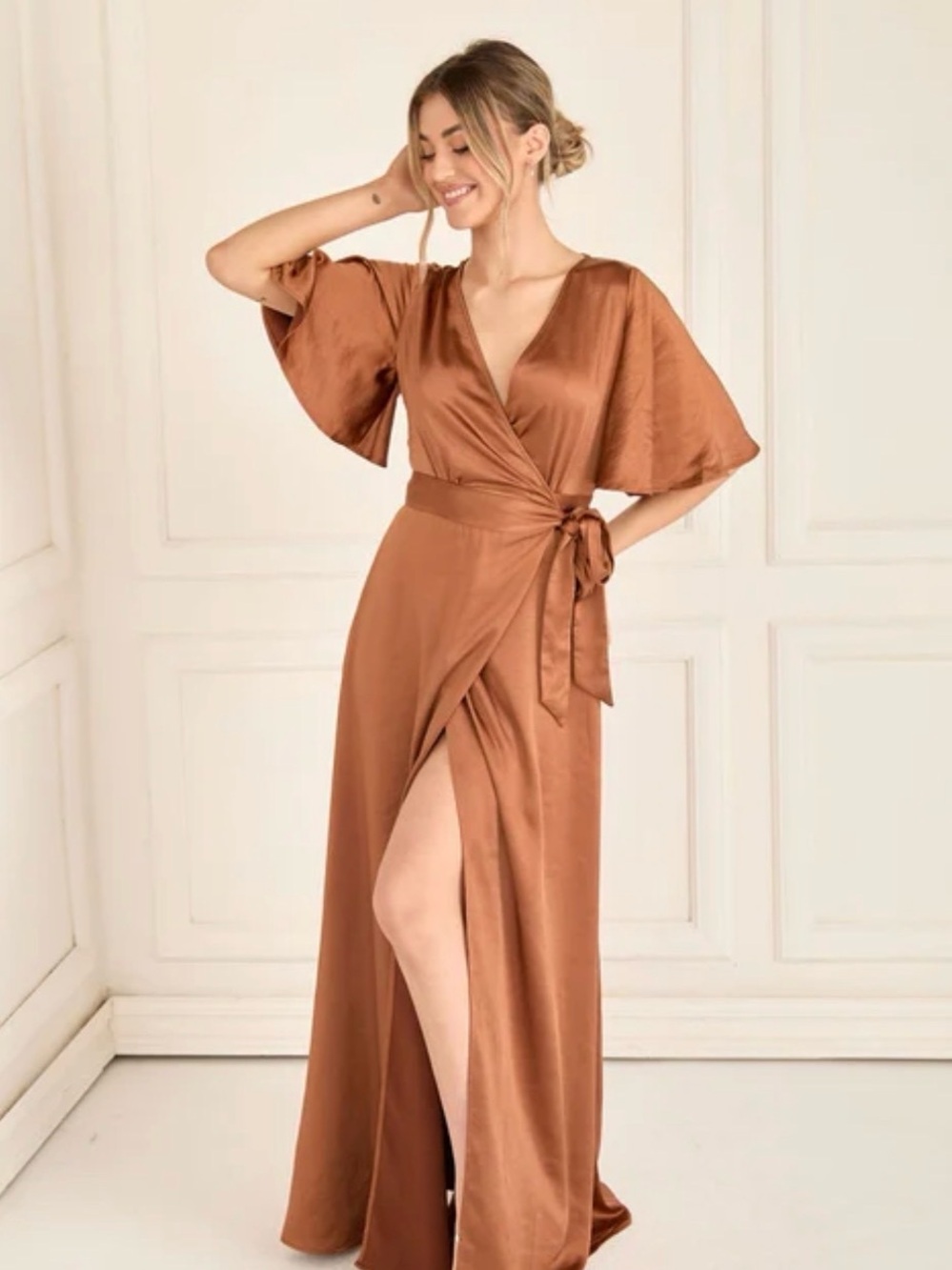 Six Stories Wrap Tie Satin Bridesmaid Dress - Rust